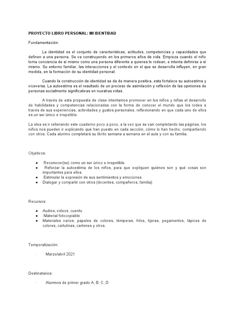 Proyecto Identidad Personal para Niños | PDF | Autoestima | Las emociones
