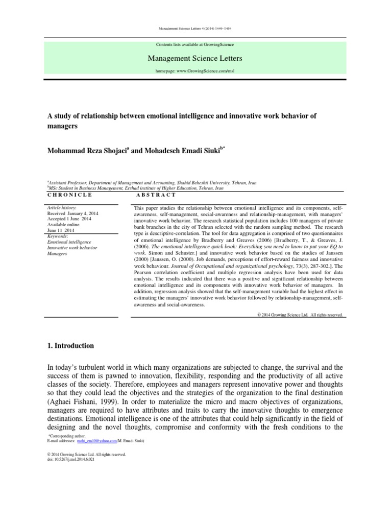 A Study of Relationship Between Emotional Intellig | PDF | Emotional ...