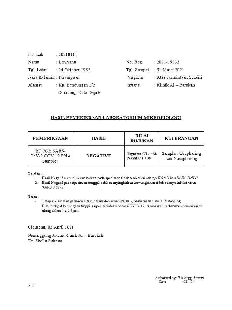 Hasil Tes PCR COVID-19 Negatif | PDF