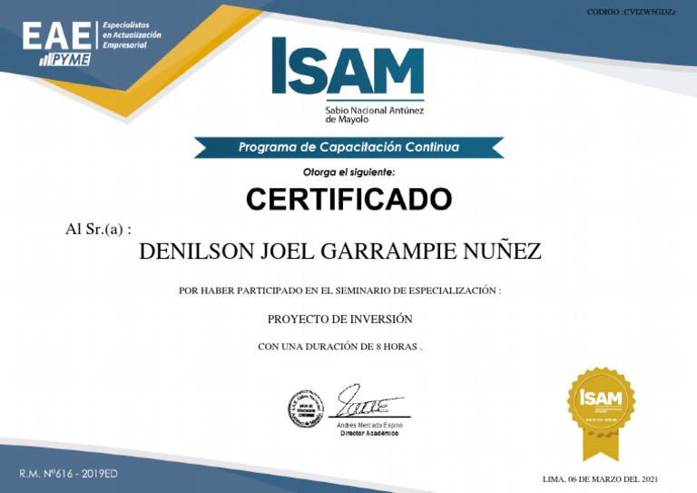 Certificado Proyecto de Inversion PDF