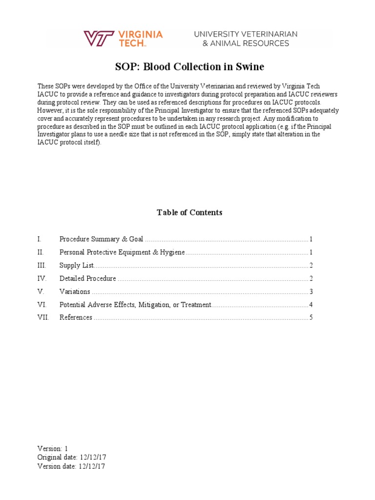 SOP: Blood Collection in Swine | PDF | Vein | Syringe