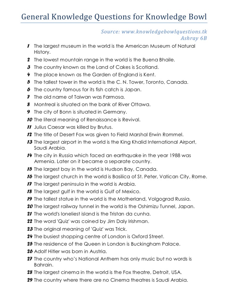 Knowledge Bowl Questions PDF