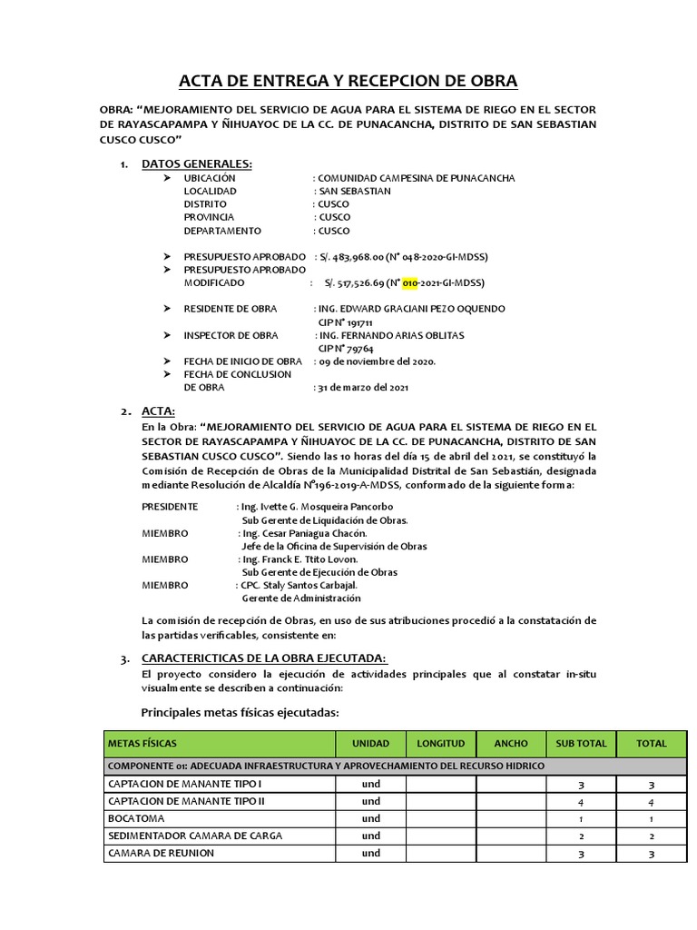 Acta de Entrega y Recepcion de Obra Rayascapampa | PDF