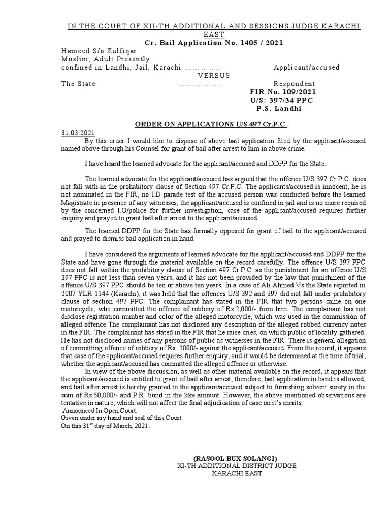 Arguments B.As 1405-2021 | PDF | Bail | Arrest