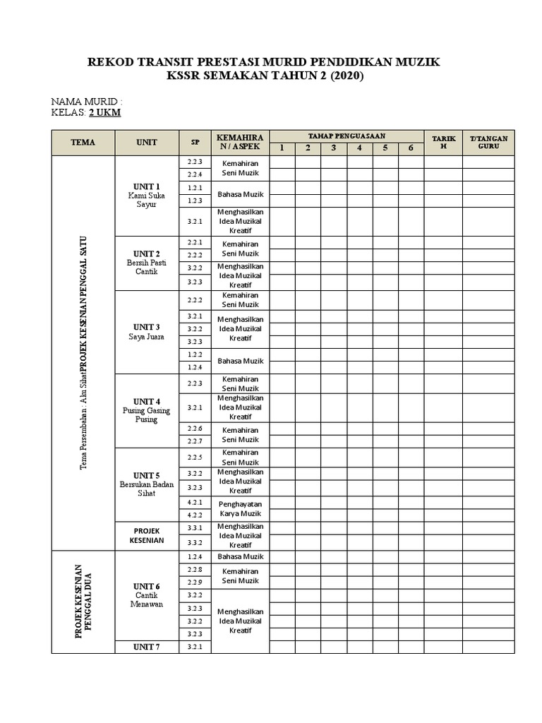 Rekod Transit Prestasi Murid Pks Seni Muzik KSSR Tahun 2 | PDF