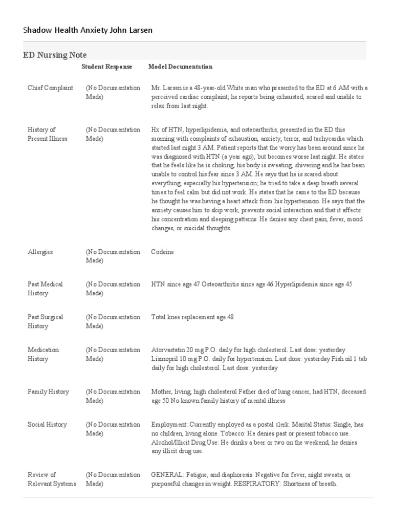 Shadow Health Focused Exam Anxiety John Larsen PDF Panic Attack