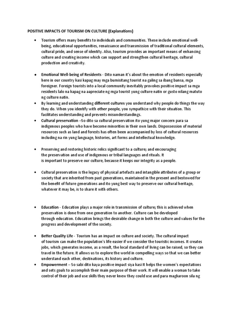 Positive Impacts of Tourism On Culture | PDF | Tourism | Human Nature