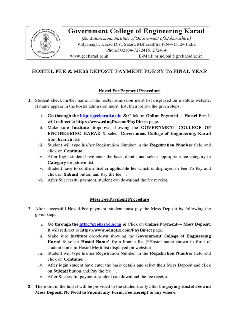 Hostel and Mess Fee Payment Procedure and Structure for Government ...