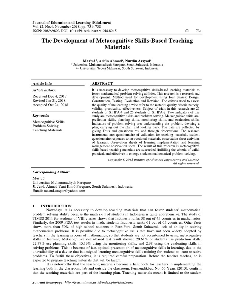 The Development of Metacognitive Skills-Based Teaching Materials | PDF ...