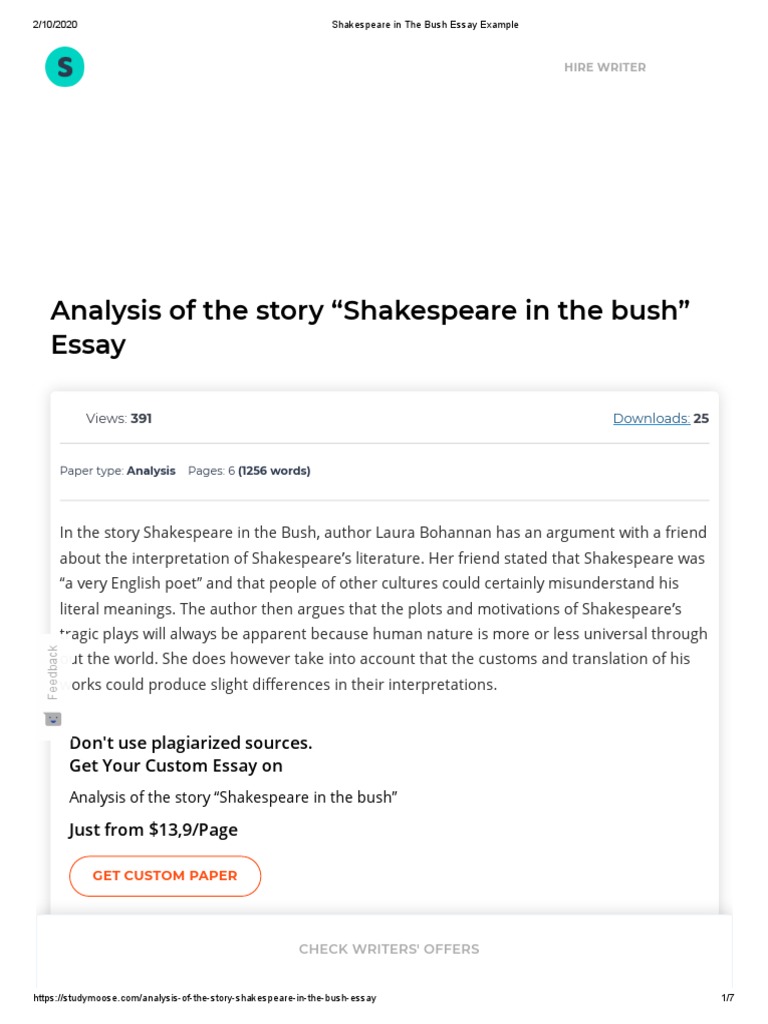 Shakespeare in The Bush Essay Example PDF Hamlet William Shakespeare