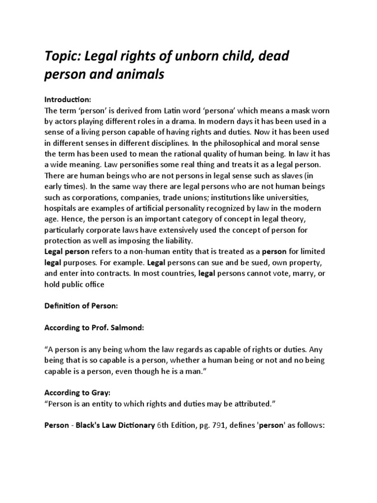 Legal Status of Unborn Person, Dead Person and Animals PDF Trust