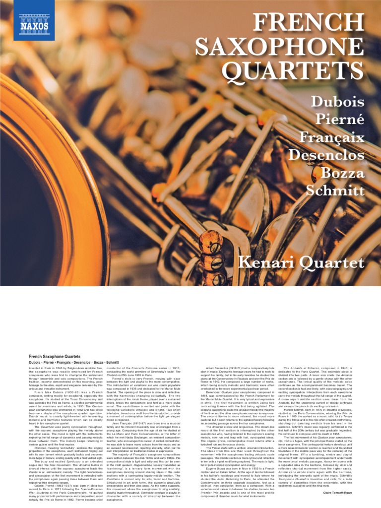 Dubois Pierné Françaix Desenclos Bozza Schmitt Kenari Quartet PDF Saxophone Chamber Music