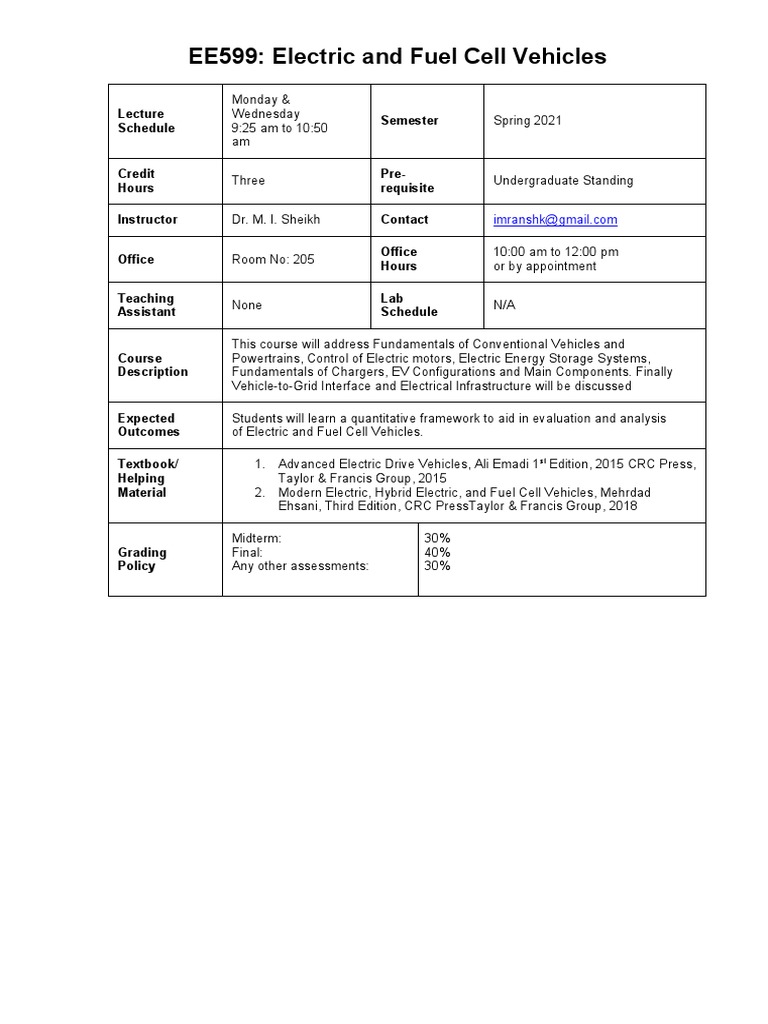 EE599: Electric & Fuel Cell Vehicles Course | PDF | Electric Vehicle ...
