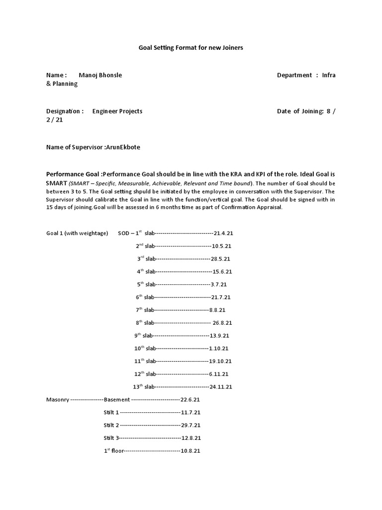 Goal Setting Format For New Joiners MB 2421 PDF Industrial And
