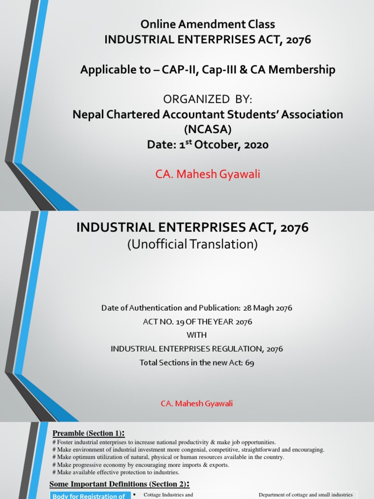 Online Amendment Class Industrial Enterprises Act, 2076 Applicable To CAPII, CapIII & CA
