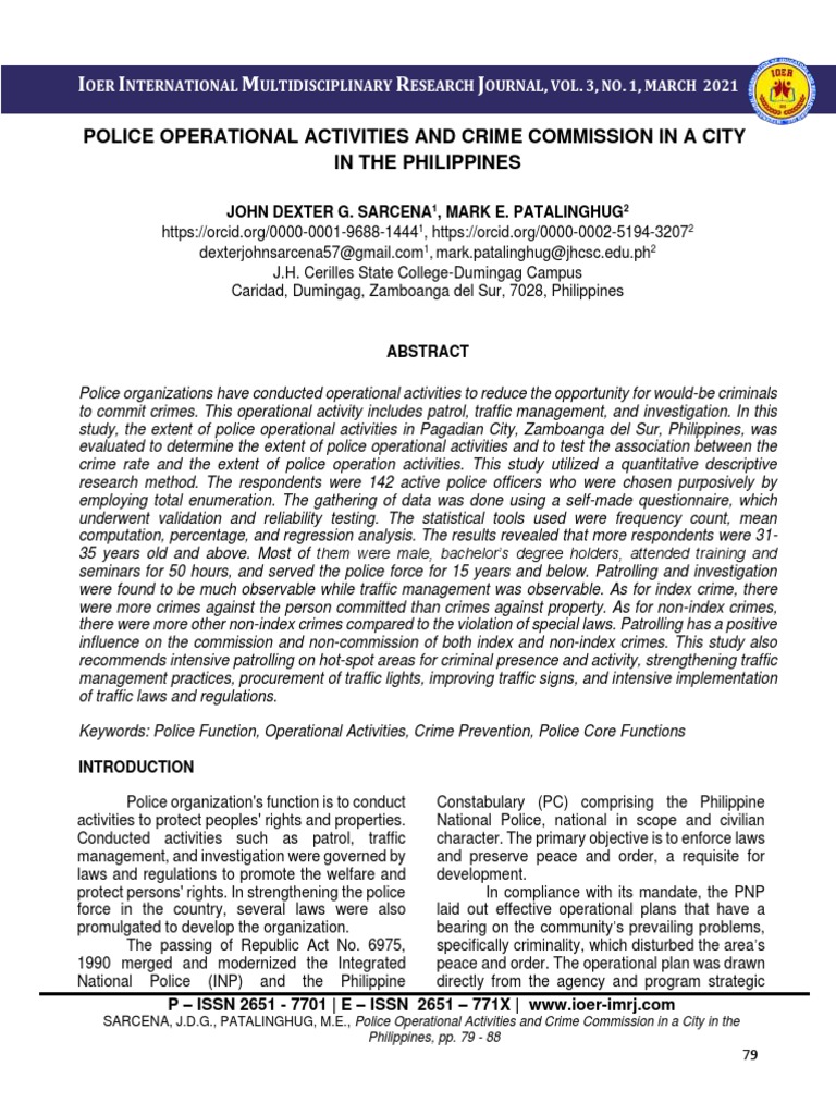 Police Operational Activities and Crime Commission in A City in The  Philippines | PDF | Damages | Police