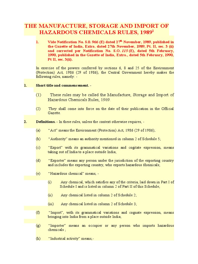 The Manufacture, Storage and Import of Hazardous Chemicals Rules, 1989