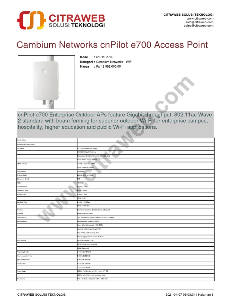 cnPilot e600 Wi-Fi 5 Indoor Access Point - English