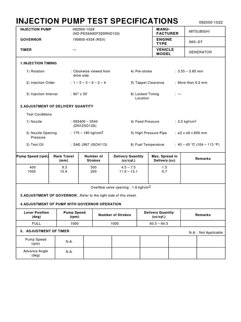 Injection Pump Test Specifications | PDF | Vehicle Parts | Pump