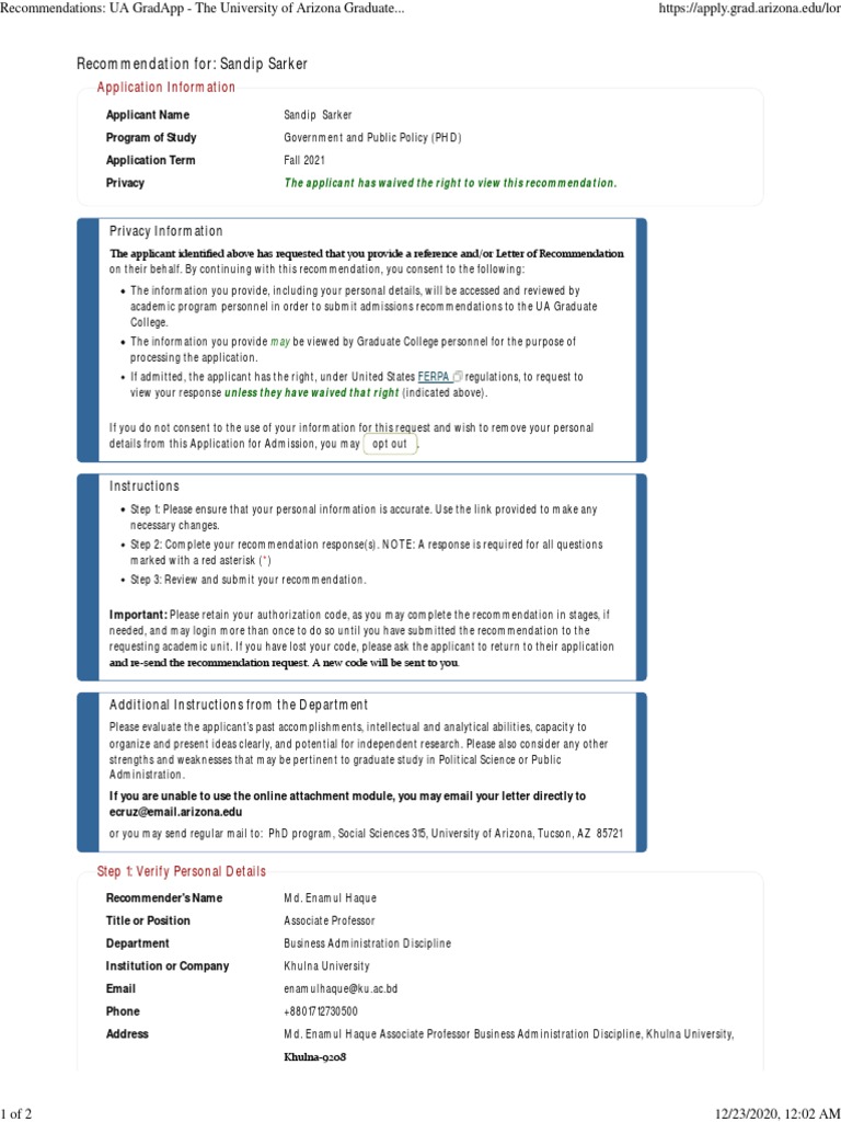 Recommendations - UA GradApp - The University of Arizona Graduate ...