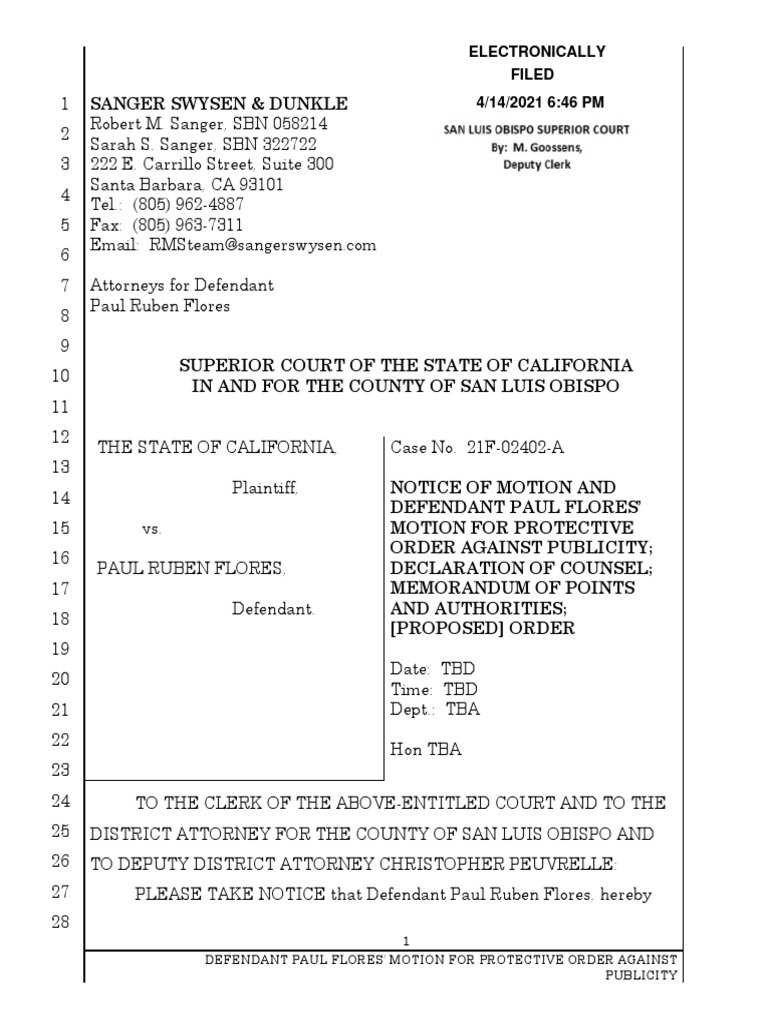 Paul Flores Motion For Protective Order PDF Criminal Law Public