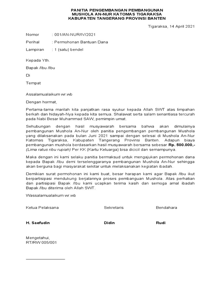 Contoh Surat Permohonan Dana Untuk Pembangunan Masjid | PDF