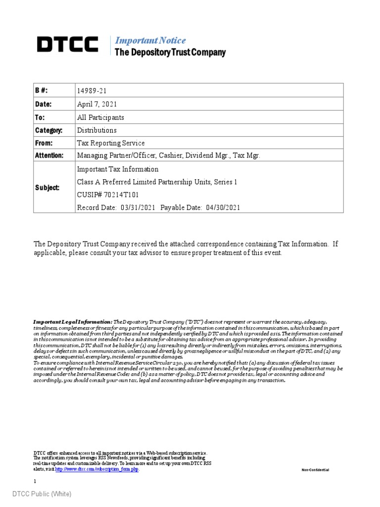 DTCC Tax Notification for Class A Units | PDF | Taxes | Policy