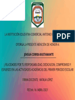 La Institucion Educativa Comercial Antonio Roldan Betancur Otorga La Presente Mencion de Honor A