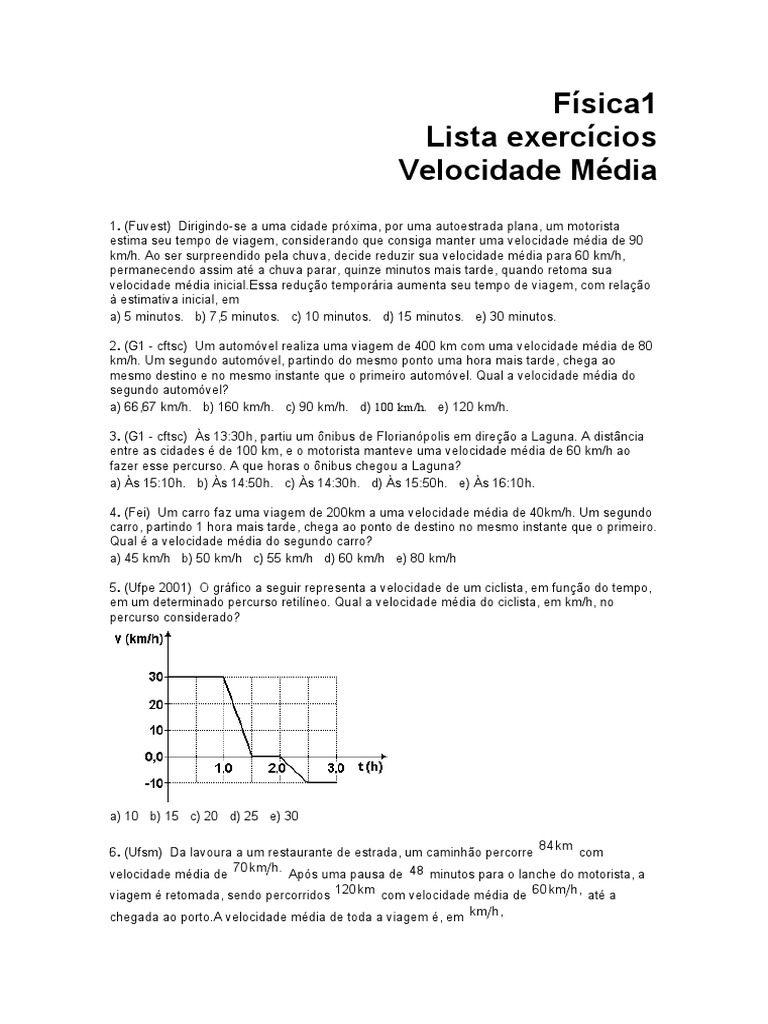 Exercícios de Velocidade Média em Física | PDF | Velocidade | Tempo