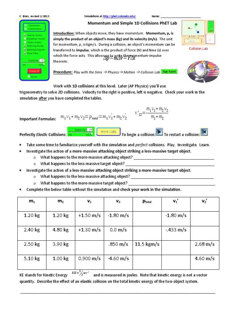 Phet Simulation Collision Lab Answer Key