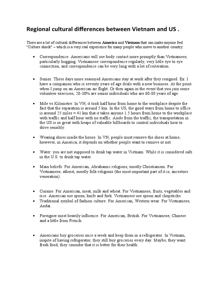 Cultural Differences: Vietnam vs. US | PDF | Vietnam | The United States