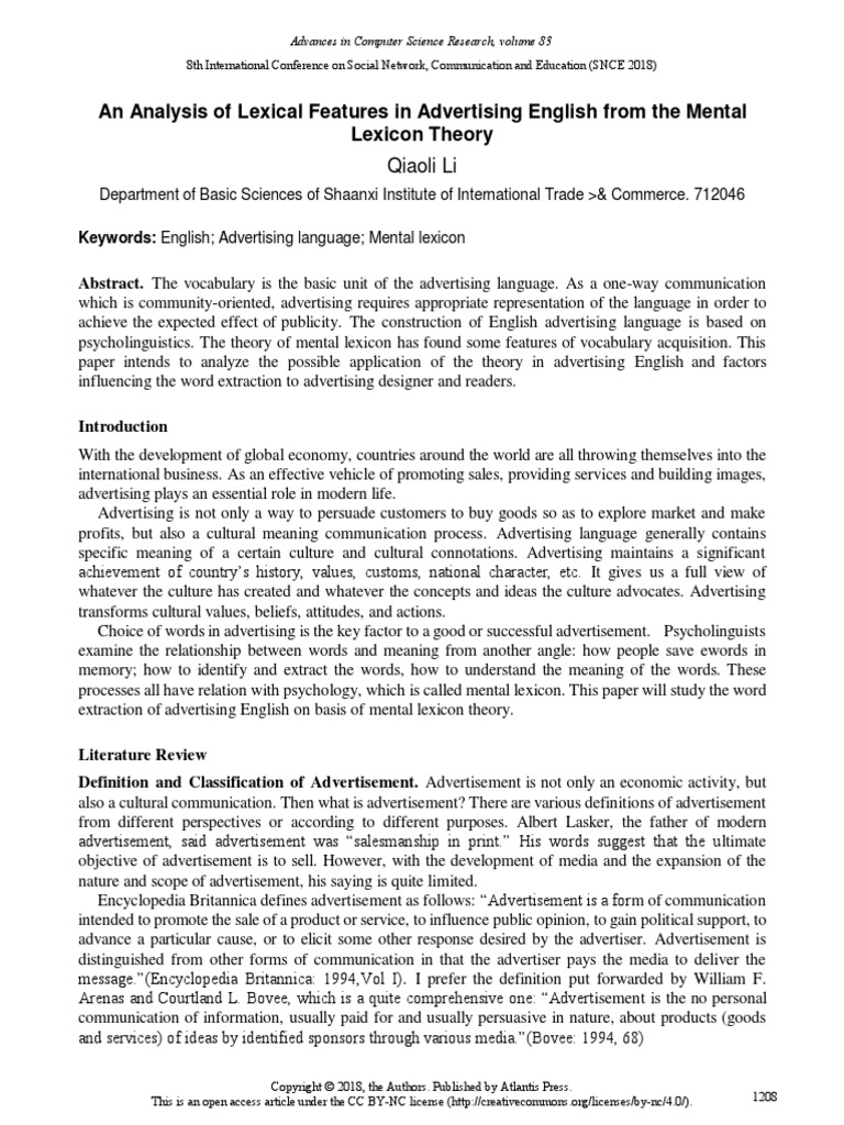 An Analysis of Lexical Features in Advertising English From The Mental ...