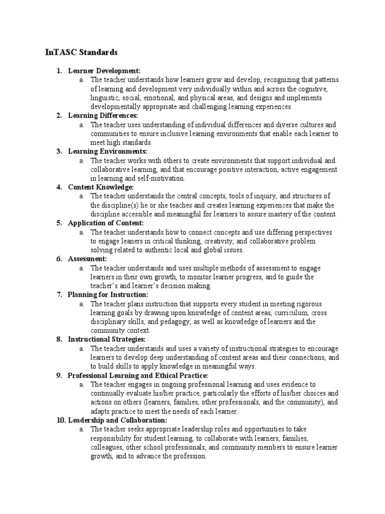 InTASC Standards Overview | PDF | Learning | Teachers