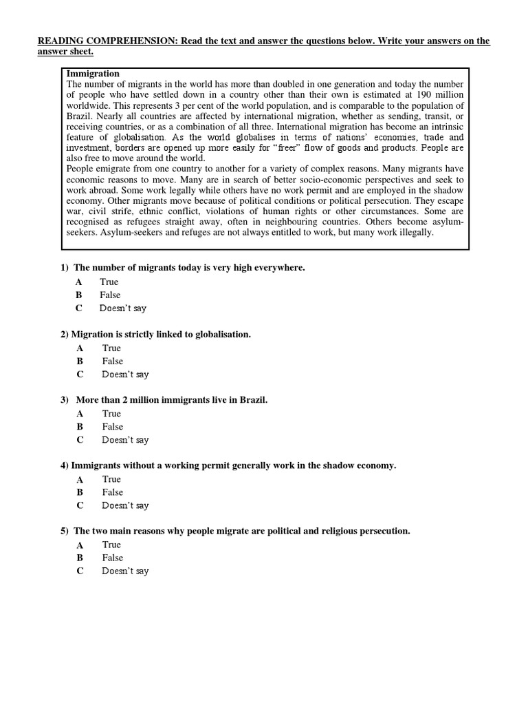 Reading Comprehension Immigration PDF