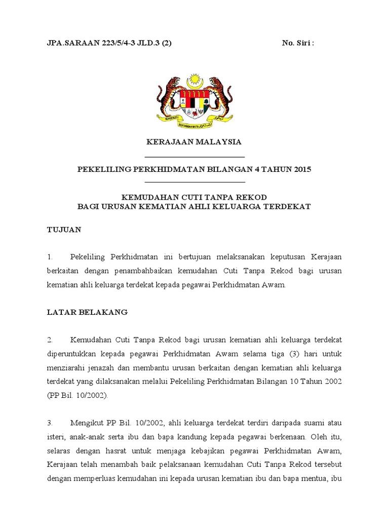 Borang Cuti Tanpa Rekod Pp 4 2015 Ibu Meninggal Pdf