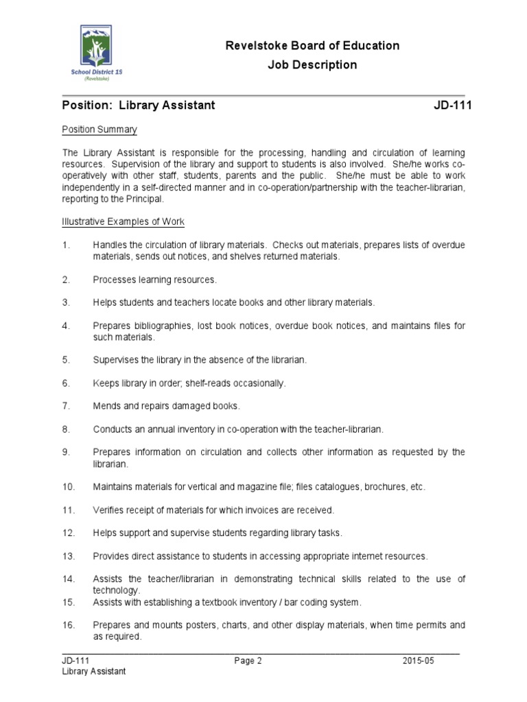Library Assistant Job Description PDF Librarian Libraries