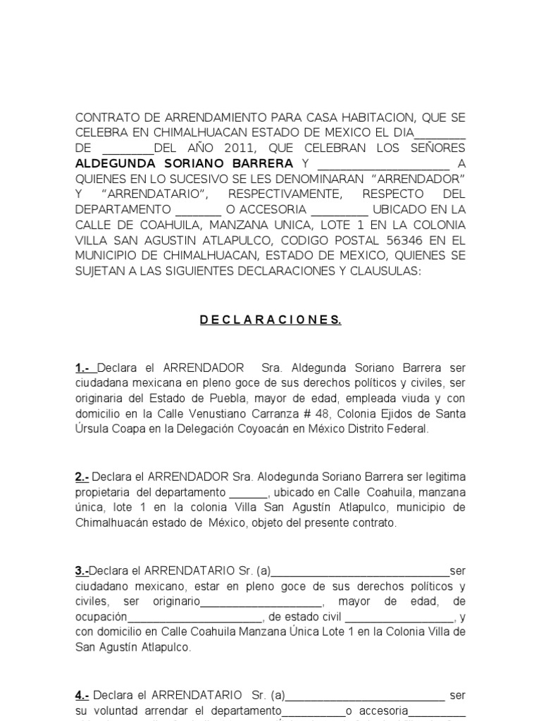 CONTRATO DE ARRENDAMIENTO PARA CASA HABITACION Alquiler