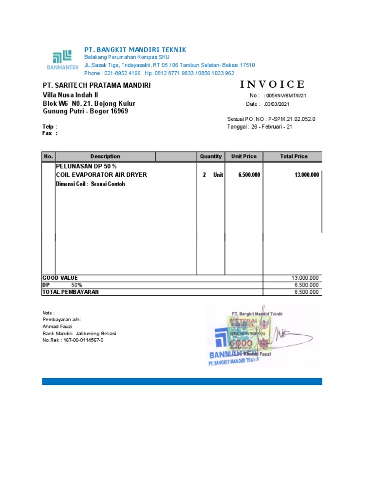 Contoh Invoice Pelunasan DP 50% | PDF
