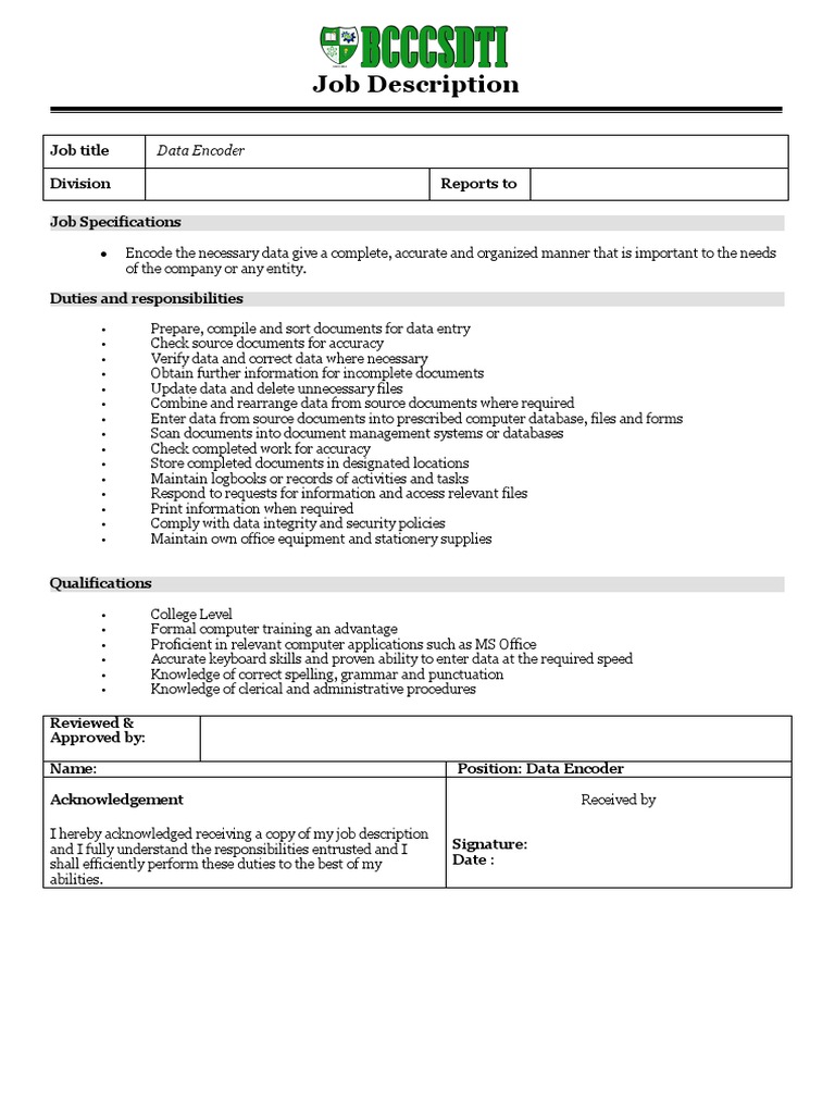 Data encoder job description pdf