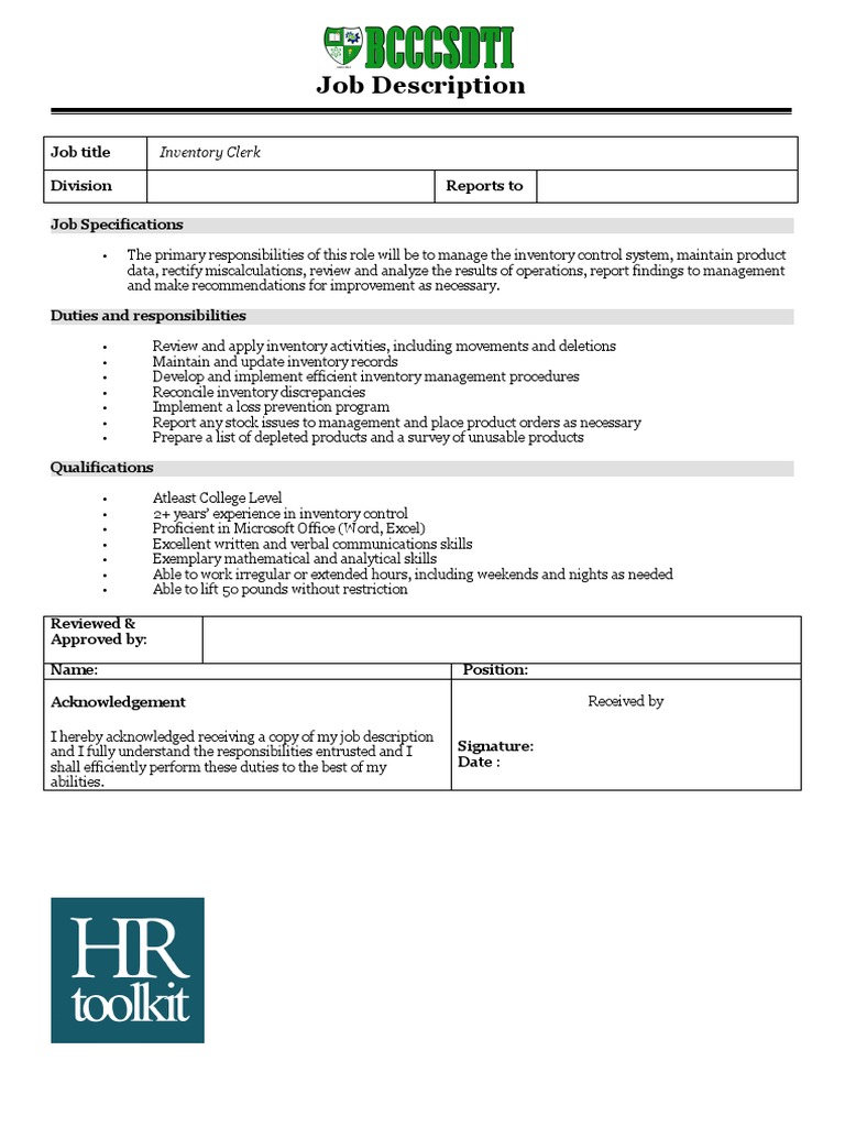 Inventory Clerk Job Description | PDF