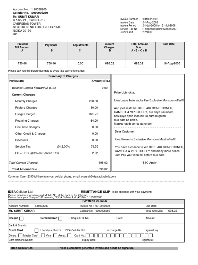 IDEA Cellular Invoice Summary | PDF | Invoice | Cheque
