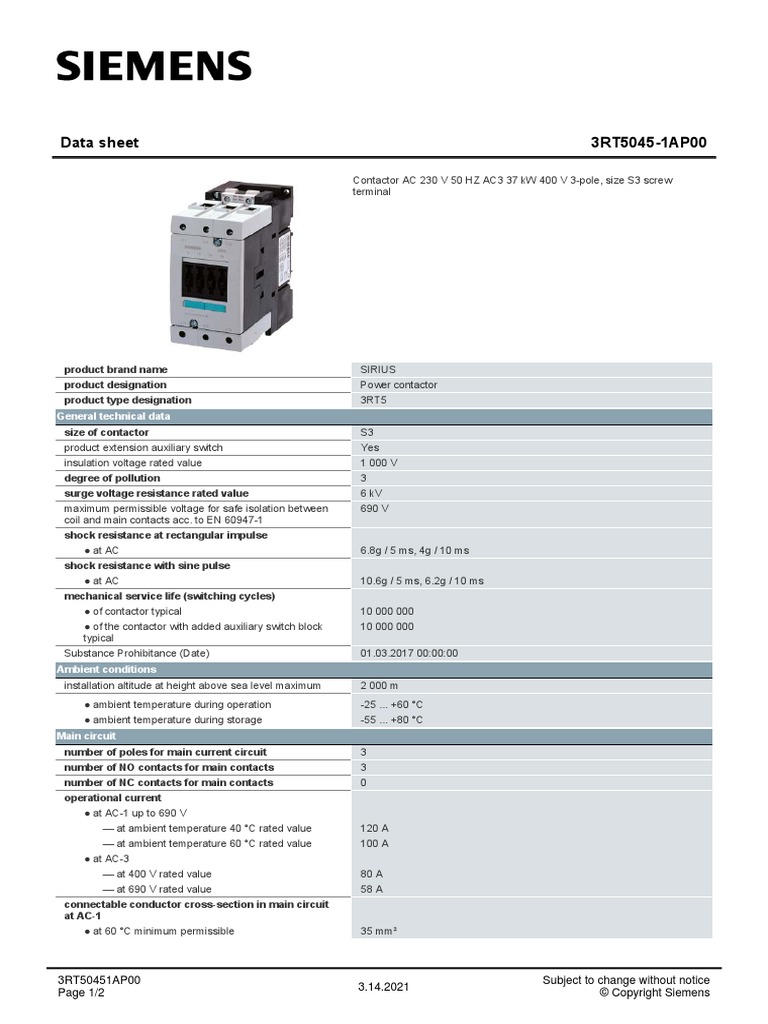 3RT50451AP00 Datasheet en | PDF | Alternating Current | Inductor