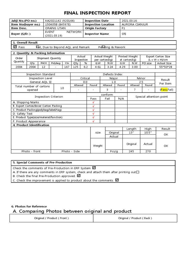 Garment Final Inspection Report Template | PDF | Packaging And Labeling ...