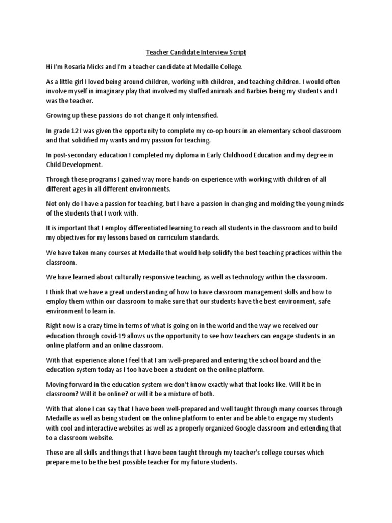 Teacher Candidate Interview Script | PDF | Curriculum | Common Core ...