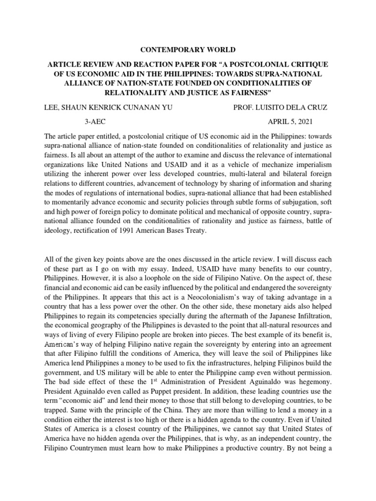 Article Review 2 Shaun Lee (3AEC) PDF Multilateralism Philippines