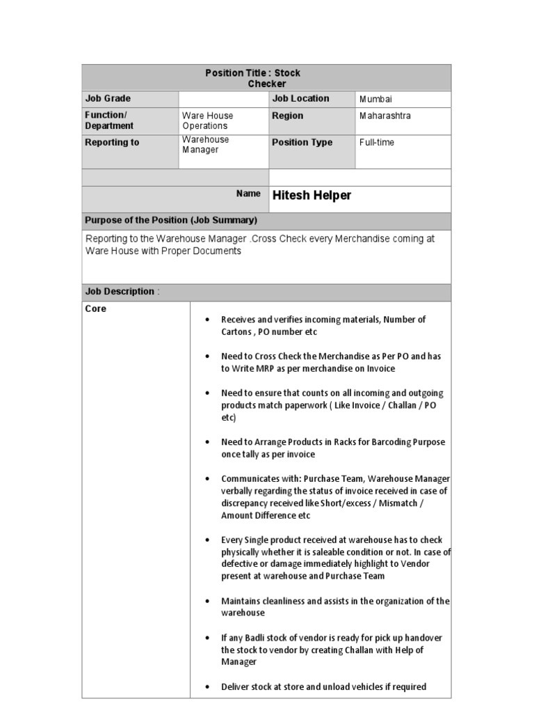 Stock Checker Job Description Mumbai | PDF | Warehouse | Business