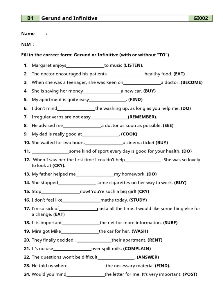 Gerund and To Infinitive Exercise | PDF