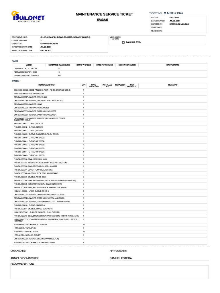 Maintenance Ticket for Samuel Estera | PDF | Vehicles | Machines