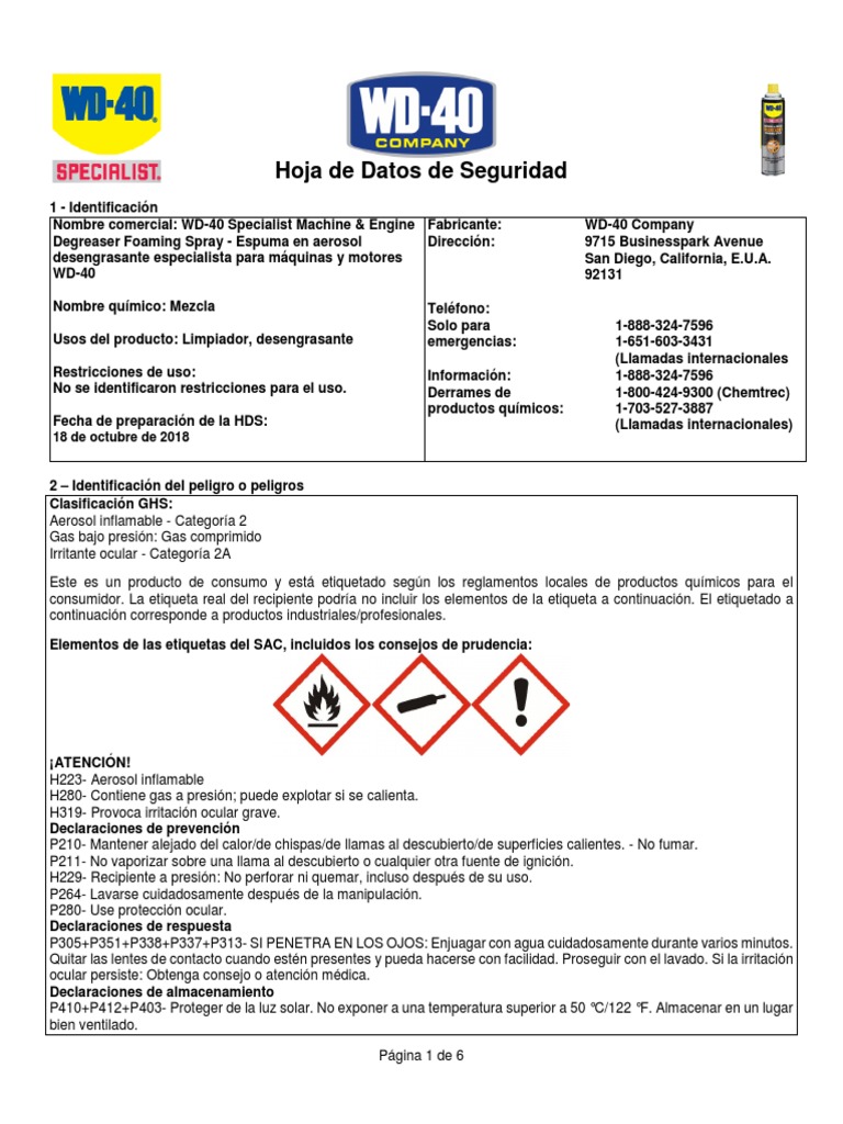 Ghs Sds WD 40 Specialist Machine Engine Degreaser Foaming Spray Spanish ...