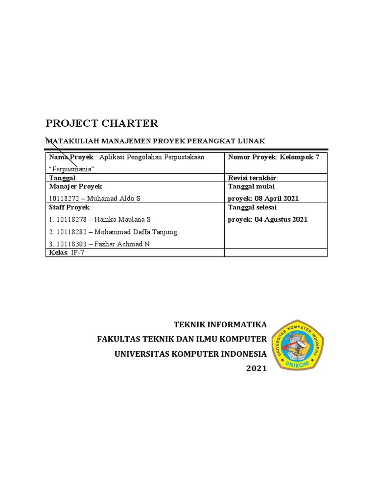 Project Charter Aplikasi Perpusmania | PDF
